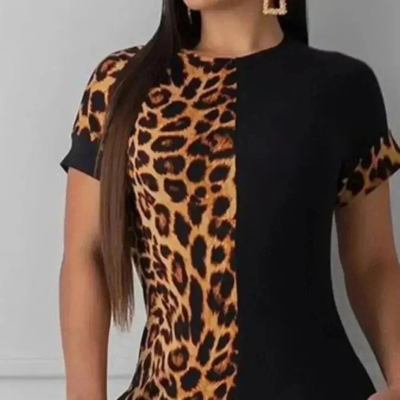 Elegant Leopard Print Crew Neck Short Sleeve Ankle Dress - Picture 2 of 3